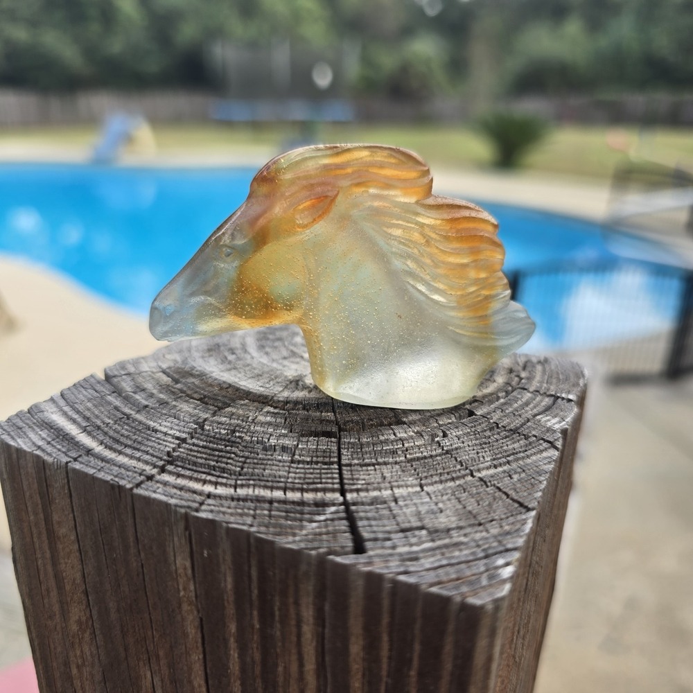 Daum France Pâte de Verre Amber Frosted Glass Horse‎ Head Sculpture — Signed